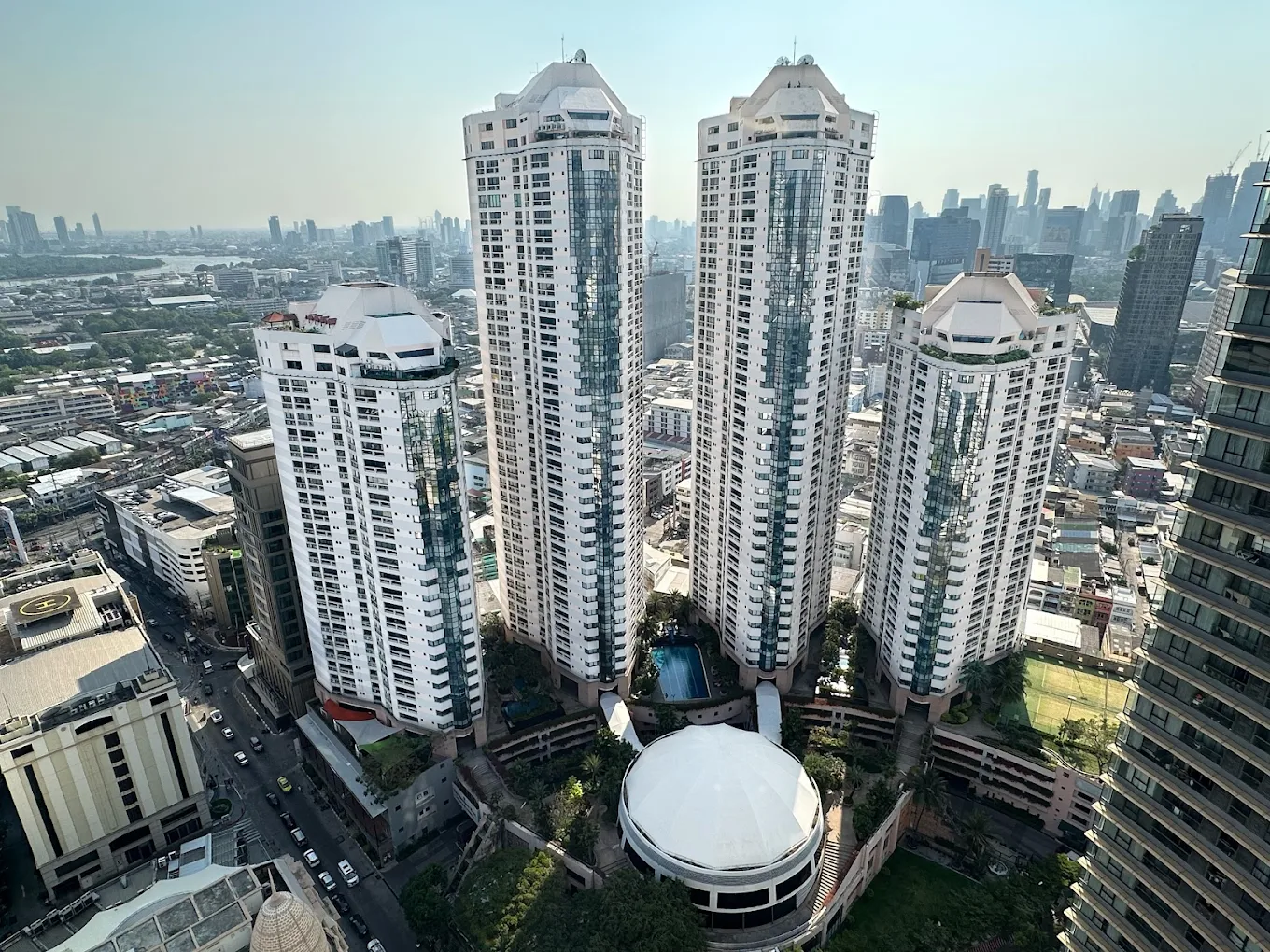 President Park towers on Sukhumvit 24 seen from above with the dome and pool